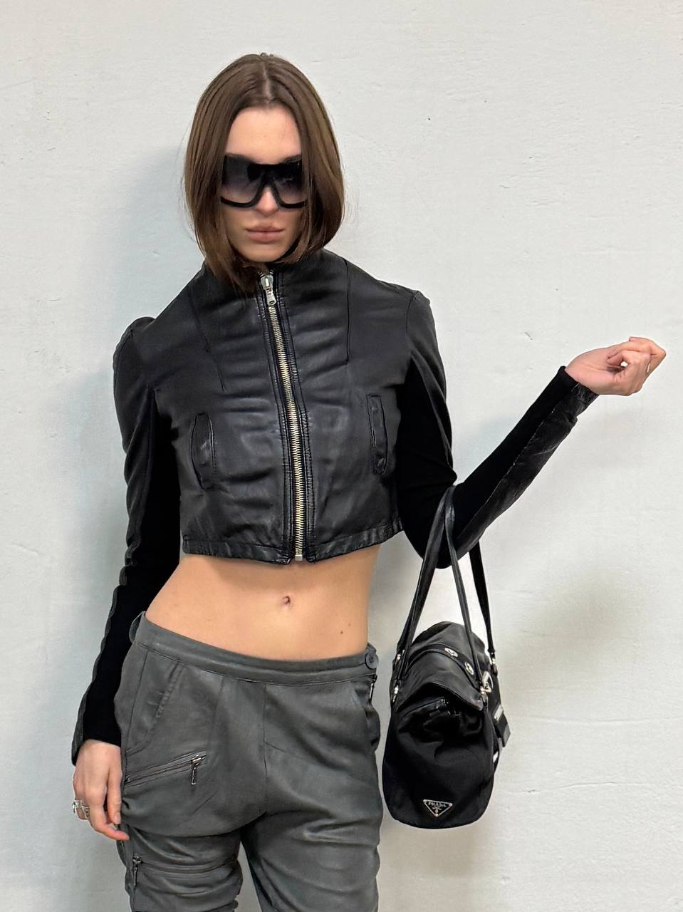 Vintage Genuine Leather Cropped Bomber Jacket