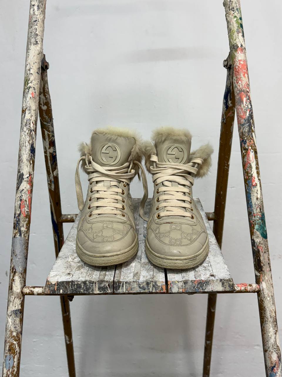 Monogram Gucci High-Top Sneakers with Fur Leather