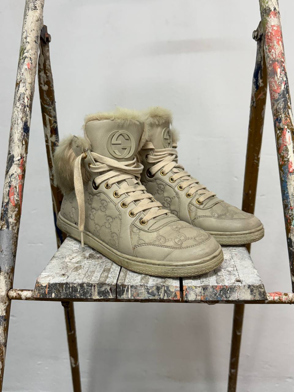 Monogram Gucci High-Top Sneakers with Fur Leather