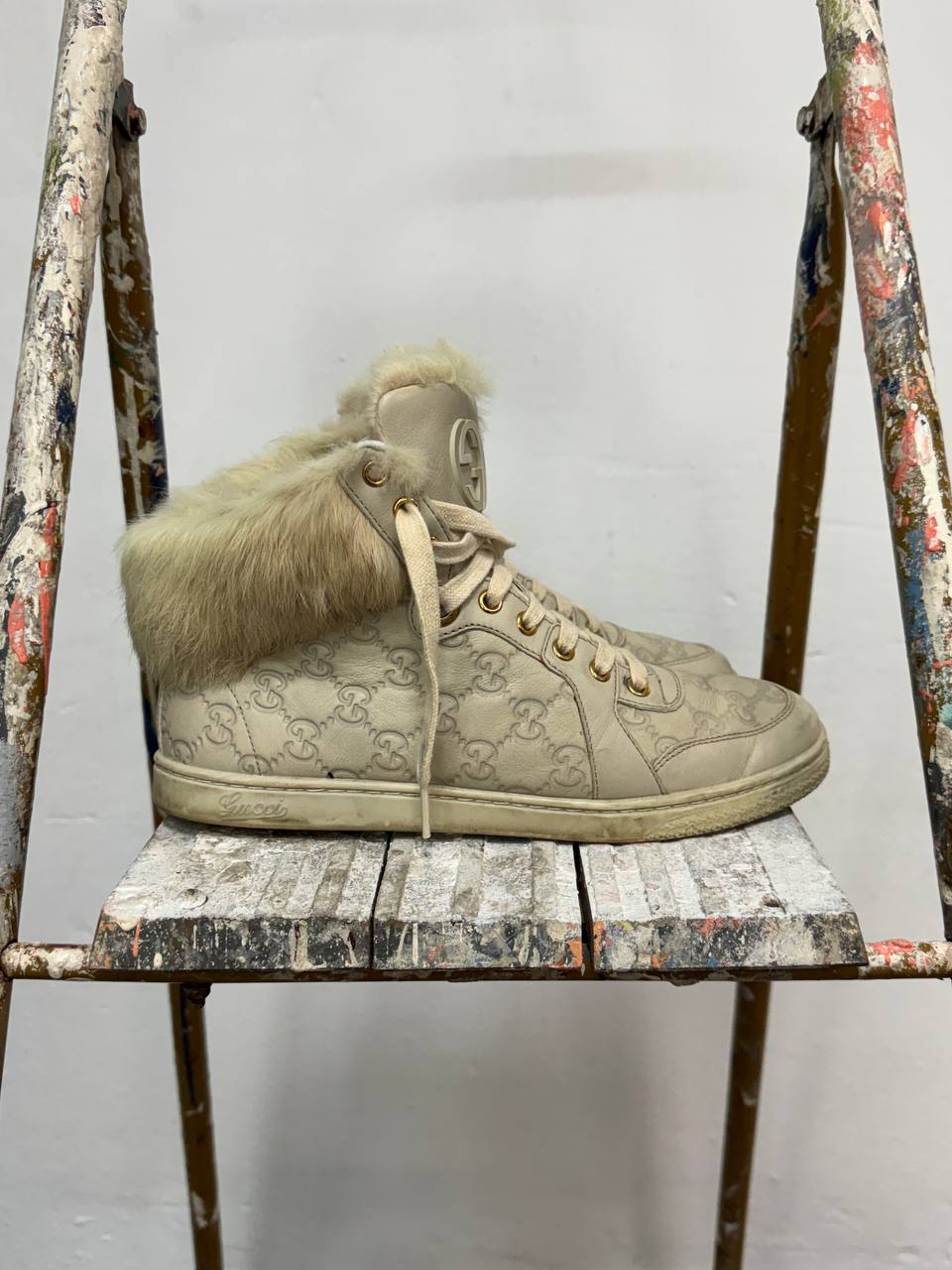Monogram Gucci High-Top Sneakers with Fur Leather