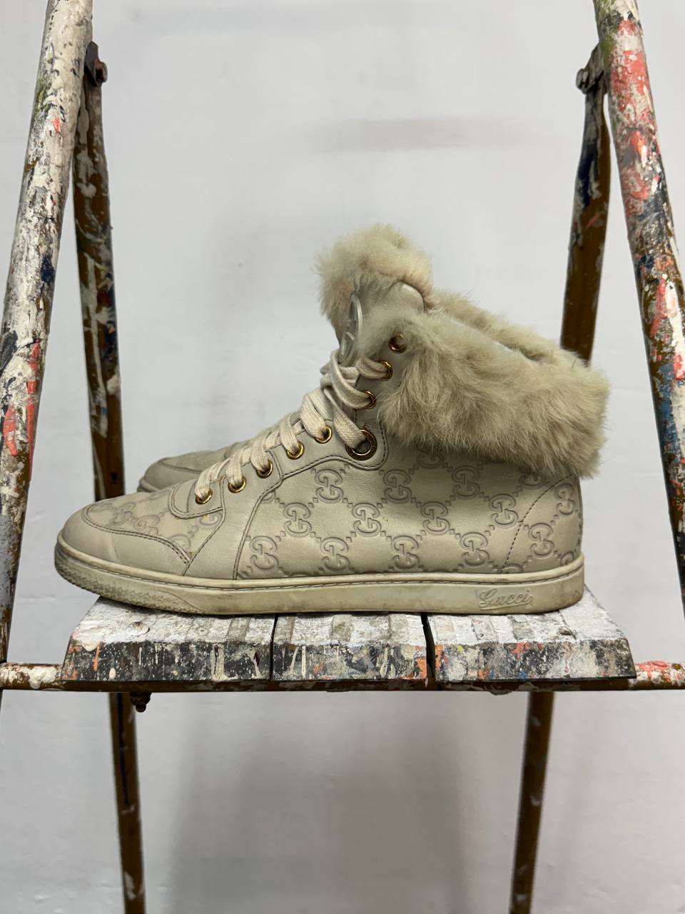 Monogram Gucci High-Top Sneakers with Fur Leather