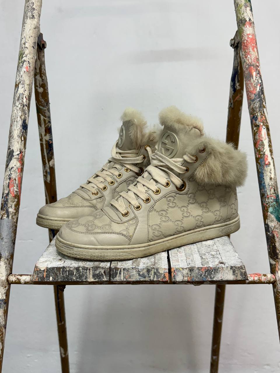 Monogram Gucci High-Top Sneakers with Fur Leather